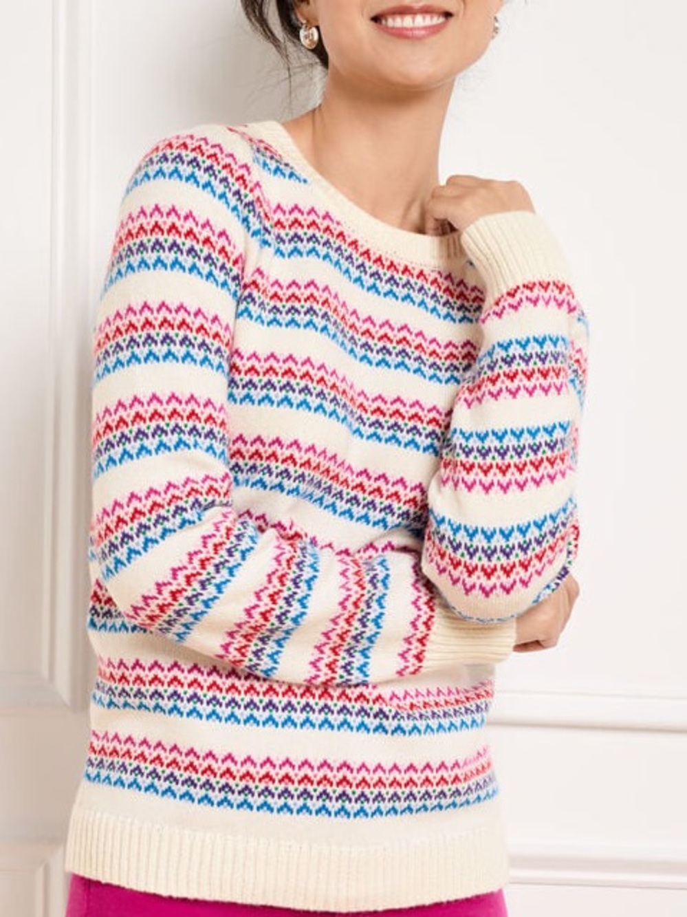 TALBOTS Striped Crewneck Soft Sweater Wave Jacquard White Pink Red Blue Large